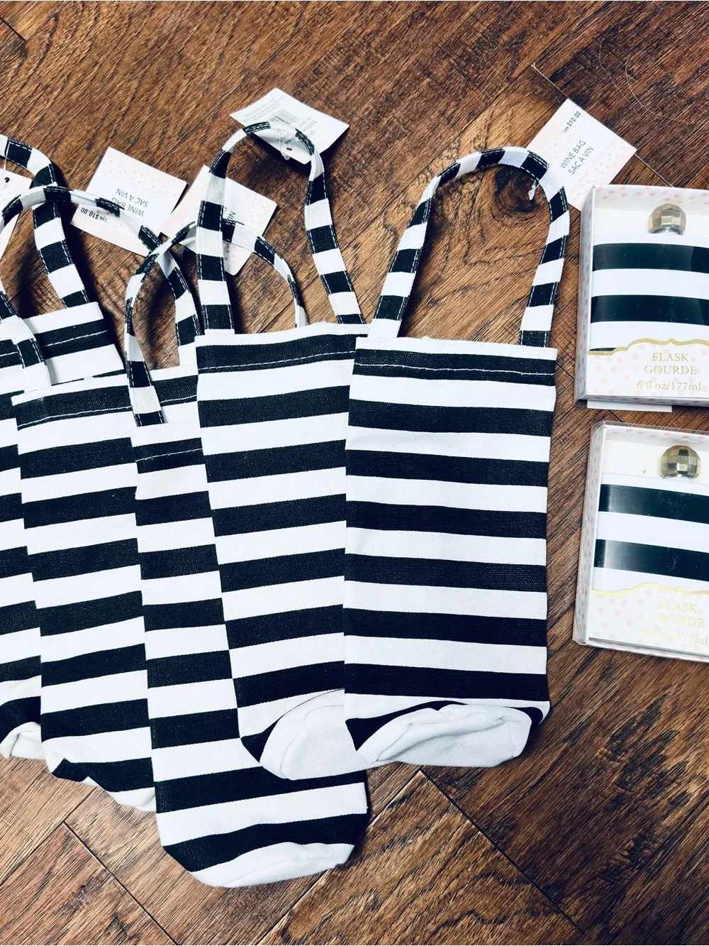 Striped Black & White Party Wine Reusable Bottle Tote Bags & Flasks– Set of 7